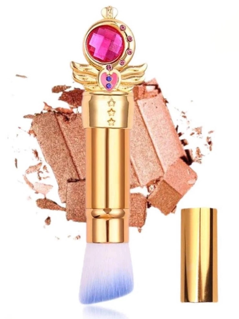 Gold Compact Retractable Makeup Brush with Pink Gem Accent